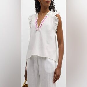 XiRENA Elyza White and Purple Embroidered Ruffle Trim Top | NWT Size Medium